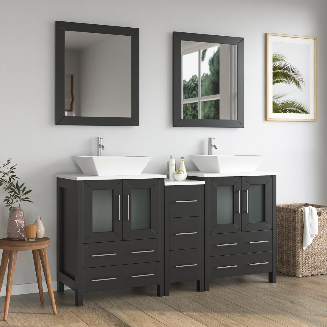 VanityArt 60-inch espresso double sink bathroom vanity with two vessel sinks, dual mirrors and center column drawers