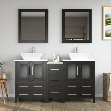 VanityArt 60-inch espresso double sink bathroom vanity with two vessel sinks, dual mirrors and center column drawers