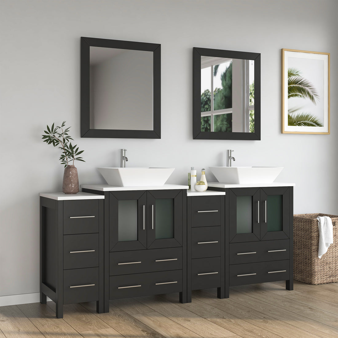 VanityArt 72-inch espresso double sink bathroom vanity with center cabinet, two vessel sinks, and dual framed mirrors