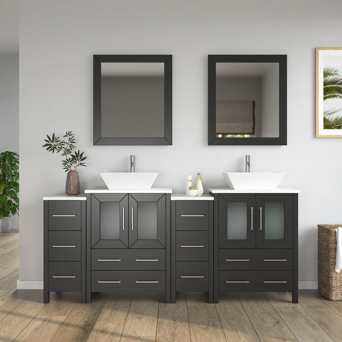 VanityArt 72-inch espresso double sink bathroom vanity with center cabinet, two vessel sinks, and dual framed mirrors