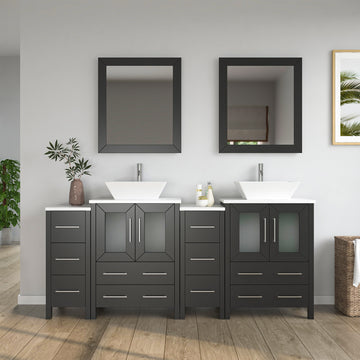 VanityArt 72-inch espresso double sink bathroom vanity with center cabinet, two vessel sinks, and dual framed mirrors