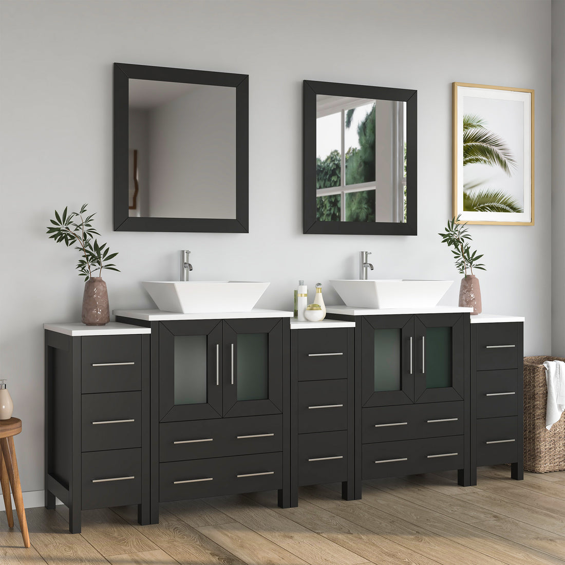 VanityArt 84-inch espresso double sink bathroom vanity with geometric cabinet doors, dual vessel sinks and mirrors