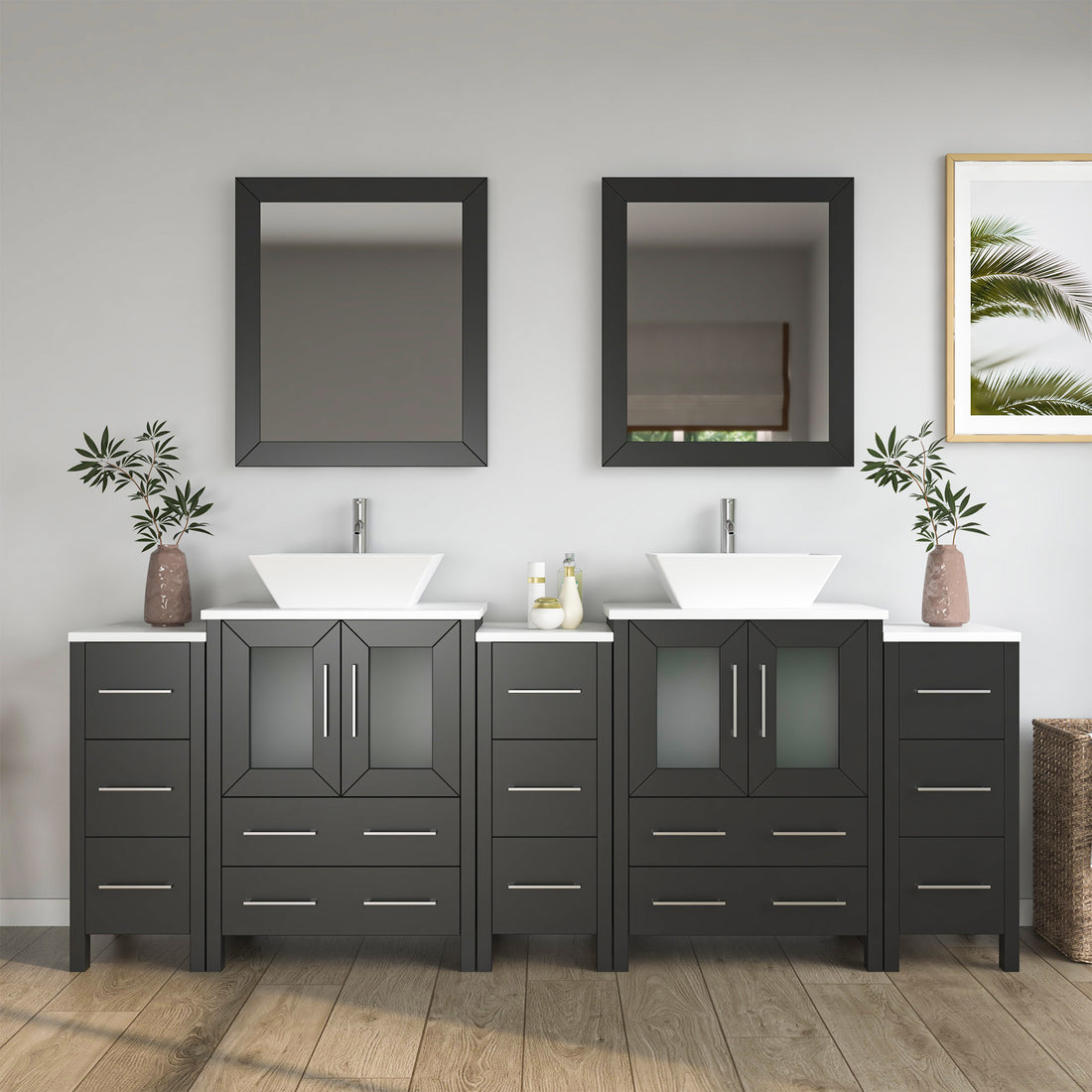 VanityArt 84-inch espresso double sink bathroom vanity with geometric cabinet doors, dual vessel sinks and mirrors