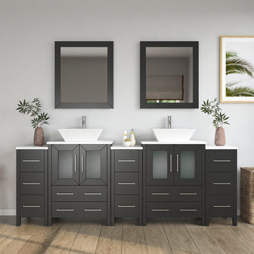 VanityArt 84-inch espresso double sink bathroom vanity with geometric cabinet doors, dual vessel sinks and mirrors