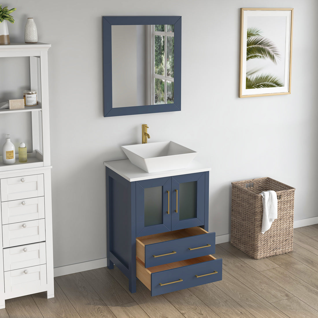 VanityArt 24-inch navy blue bathroom vanity with vessel sink, gold faucet, and matching framed mirror in staged room