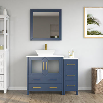 Front view of 30-inch navy blue bathroom vanity with side cabinet extension, vessel sink, gold faucet, and square mirror