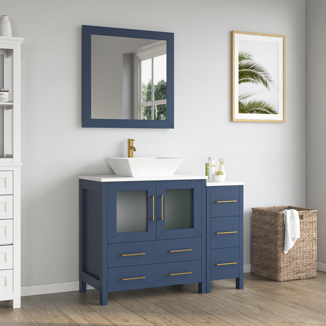 Front view of 30-inch navy blue bathroom vanity with side cabinet extension, vessel sink, gold faucet, and square mirror