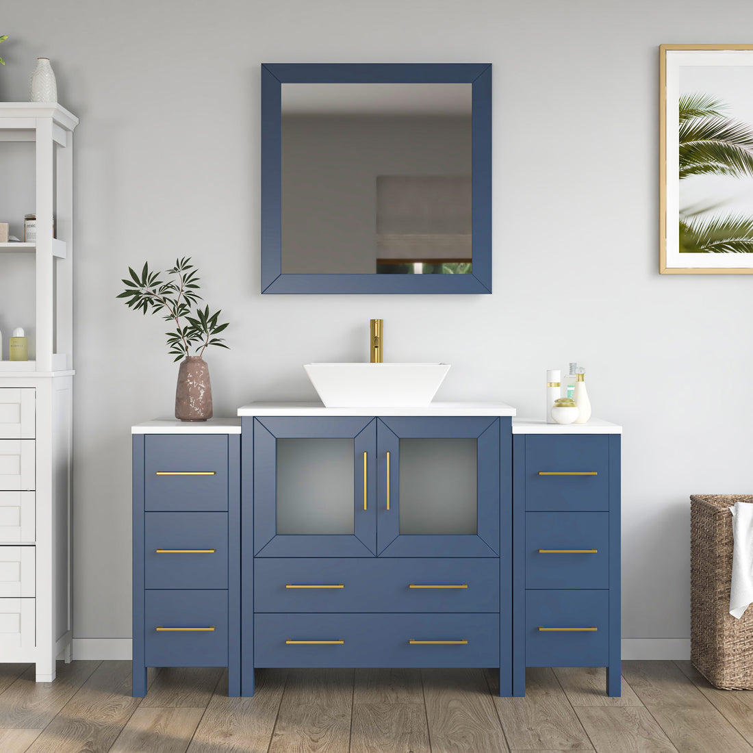 Front view of 54-inch navy blue bathroom vanity with dual side cabinets, centered vessel sink, gold faucet, and mirror