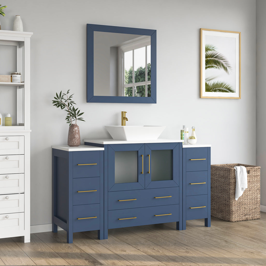 Front view of 54-inch navy blue bathroom vanity with dual side cabinets, centered vessel sink, gold faucet, and mirror