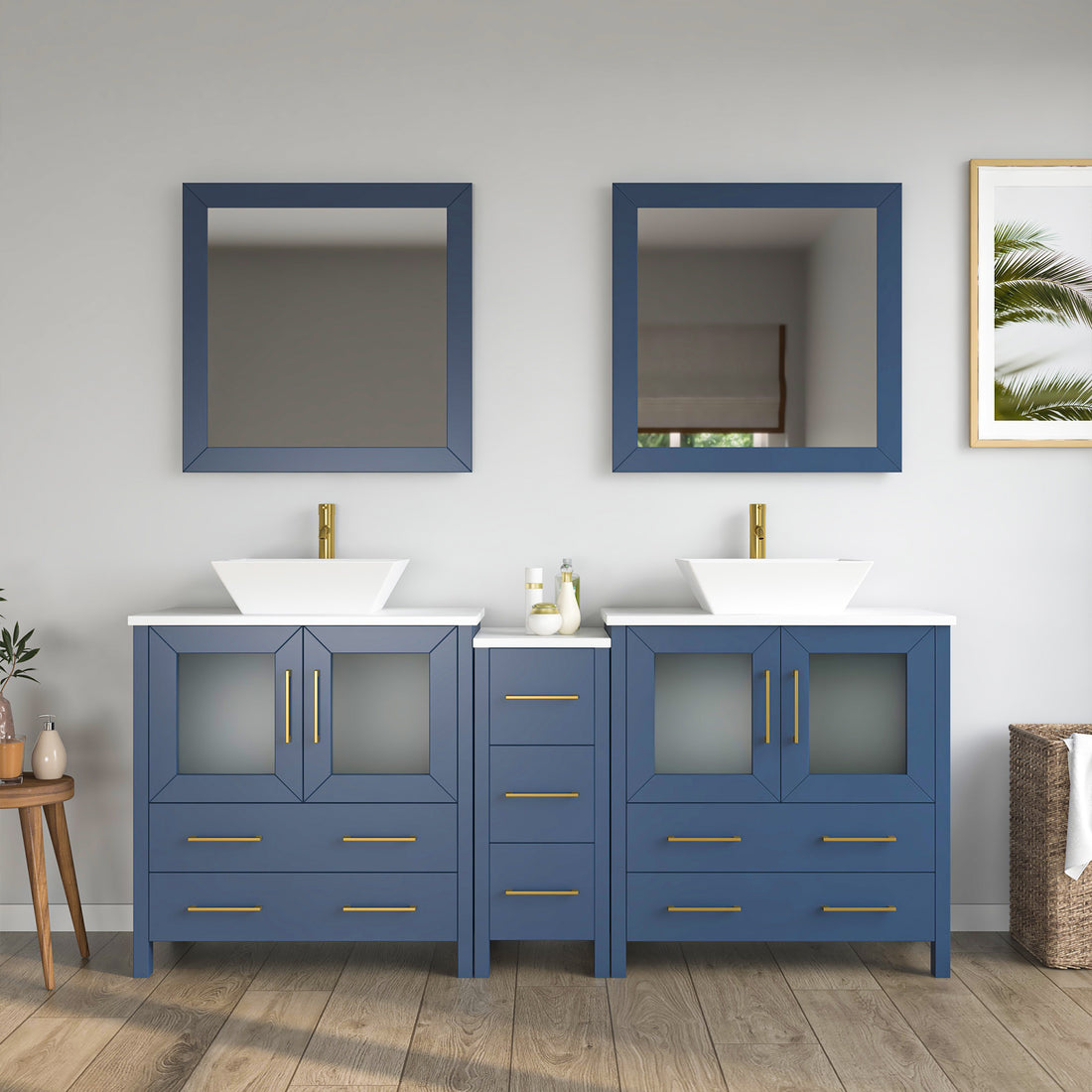 Front view of 72-inch navy blue double-sink bathroom vanity with two vessel sinks, gold faucets, and two square mirrors