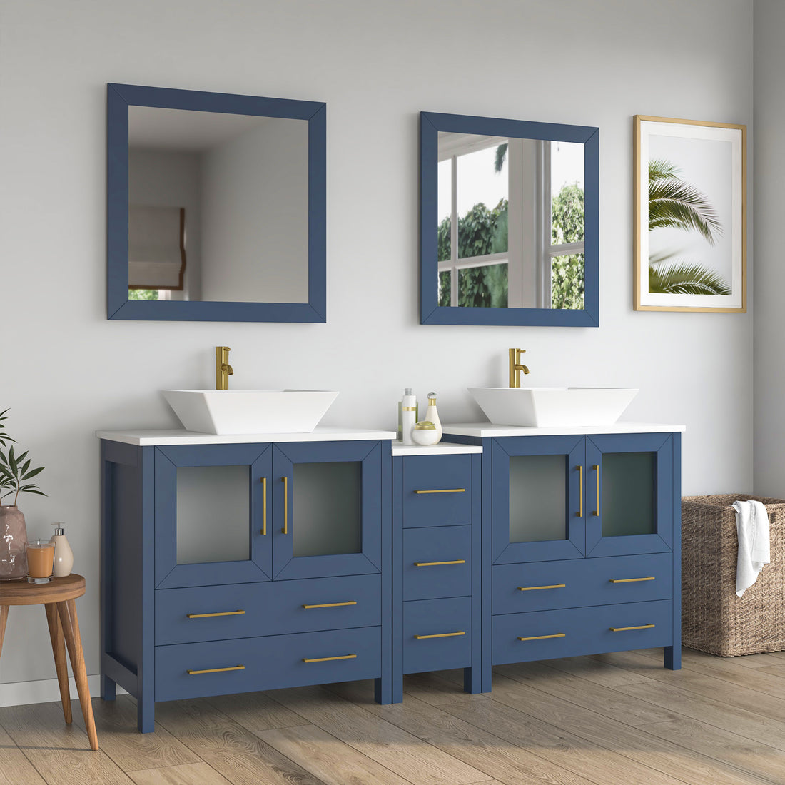 Front view of 72-inch navy blue double-sink bathroom vanity with two vessel sinks, gold faucets, and two square mirrors