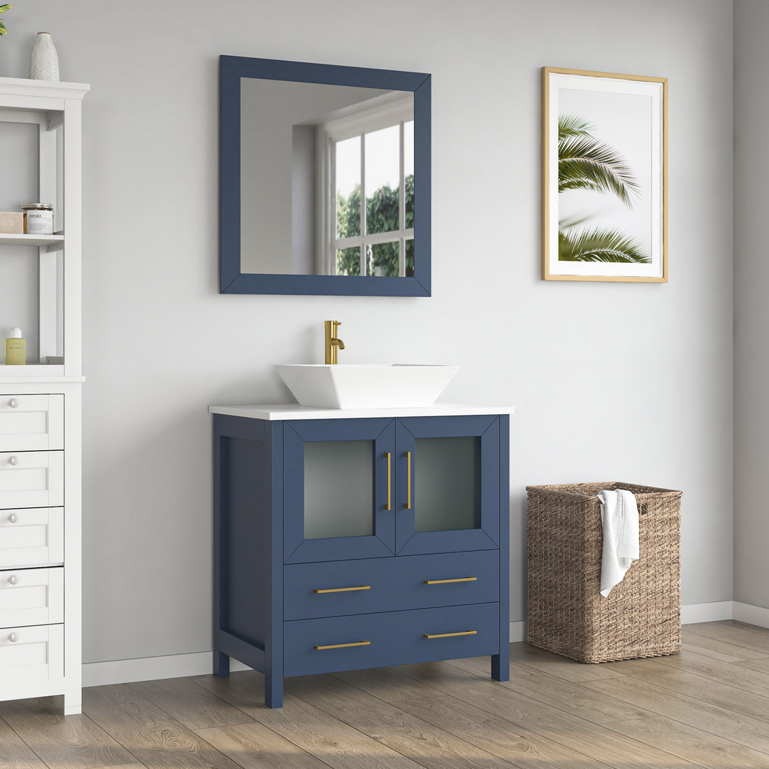 VanityArt 30-inch navy blue bathroom vanity with vessel sink, gold faucet, frosted glass cabinet doors, and matching mirror