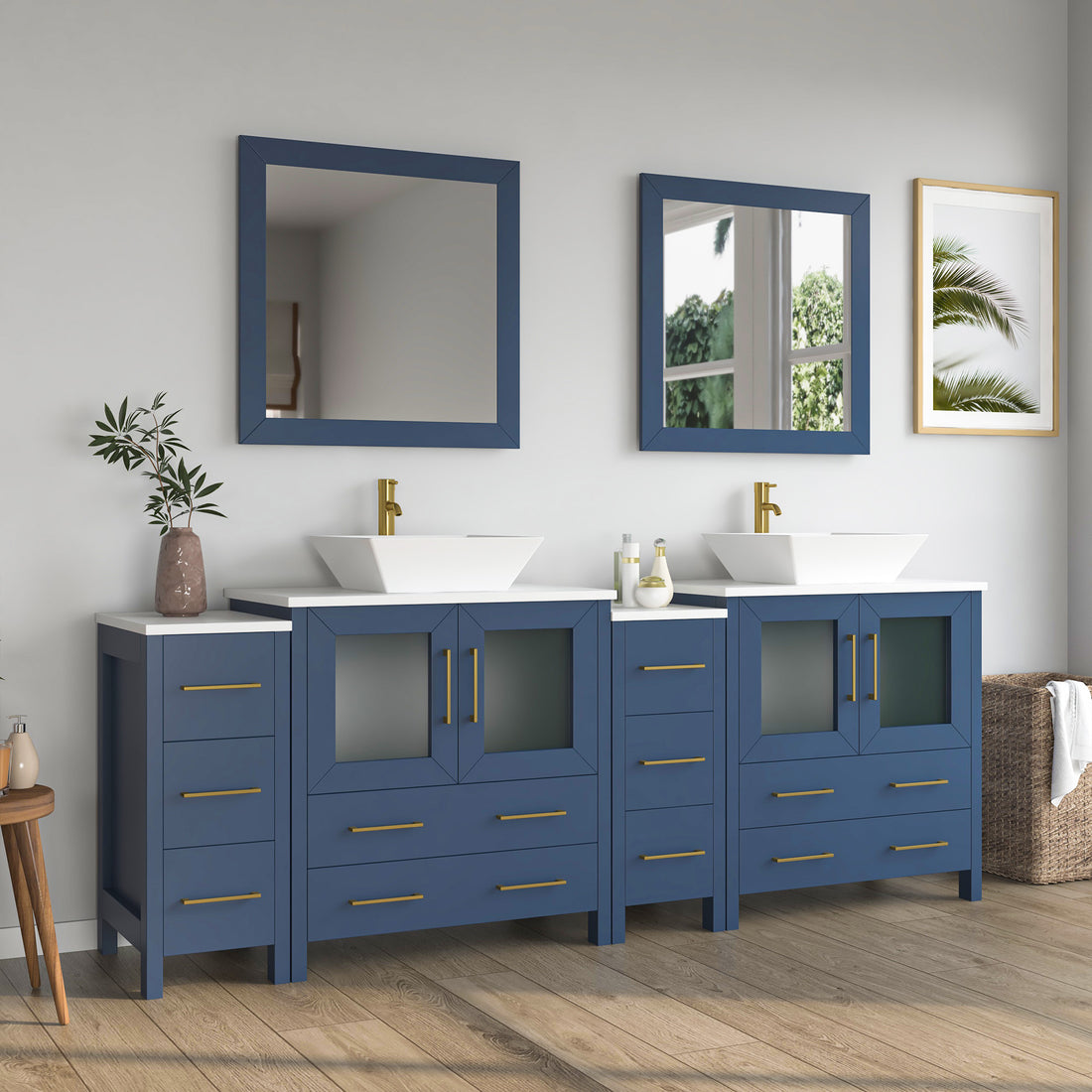 Front view of 96-inch navy blue double-sink bathroom vanity with multiple cabinets, vessel sinks, and two framed mirrors