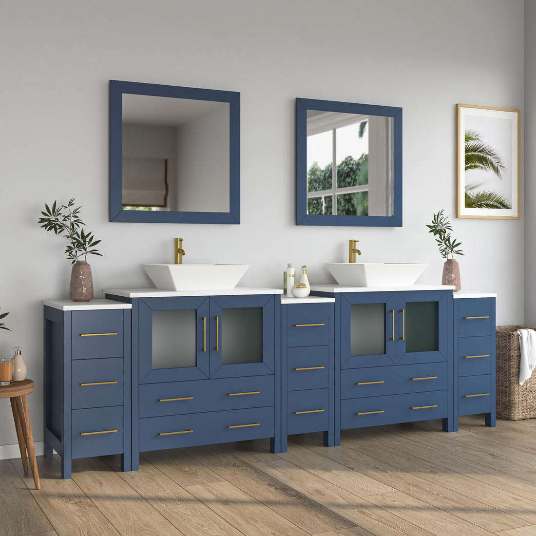 Front view of 96-inch navy blue double-sink bathroom vanity with three cabinet sections, vessel sinks, and two mirrors