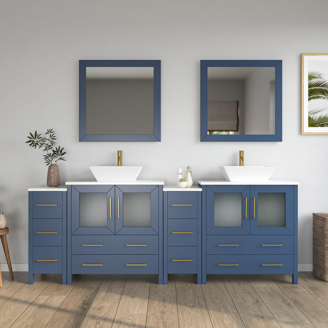 Front view of 96-inch navy blue double-sink bathroom vanity with multiple cabinets, vessel sinks, and two framed mirrors