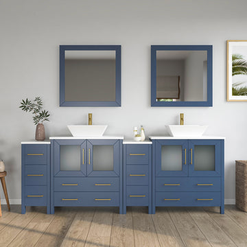 Front view of 96-inch navy blue double-sink bathroom vanity with multiple cabinets, vessel sinks, and two framed mirrors