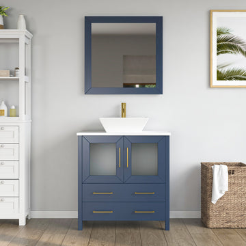 Bathroom Vanity with White Engineered Marble Top and Mirrors CVC30