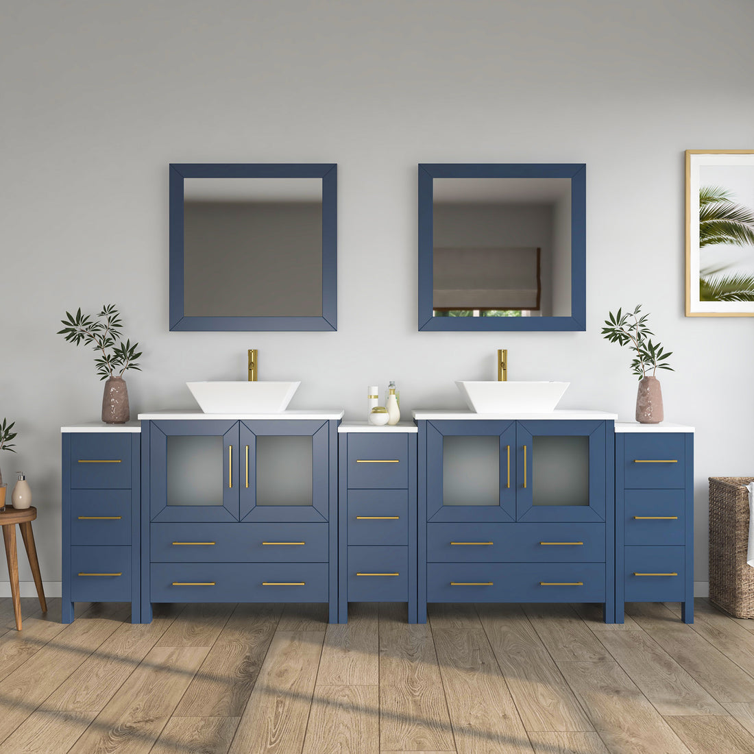 Front view of 96-inch navy blue double-sink bathroom vanity with three cabinet sections, vessel sinks, and two mirrors