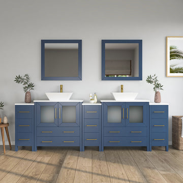 Front view of 96-inch navy blue double-sink bathroom vanity with three cabinet sections, vessel sinks, and two mirrors