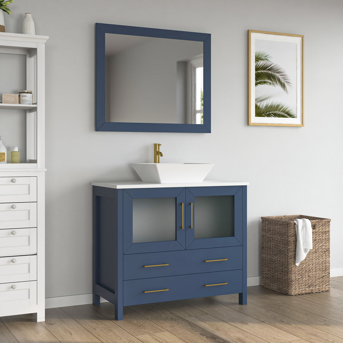 VanityArt 36-inch blue bathroom vanity with vessel sink, gold faucet, frosted glass cabinet doors, and matching mirror