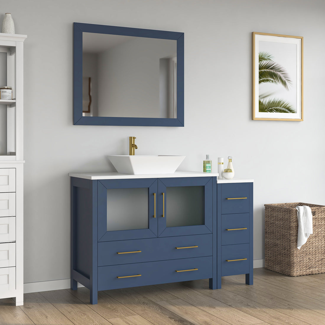 VanityArt 48-inch blue bathroom vanity front view with vessel sink, gold faucet, frosted glass doors, and side tower