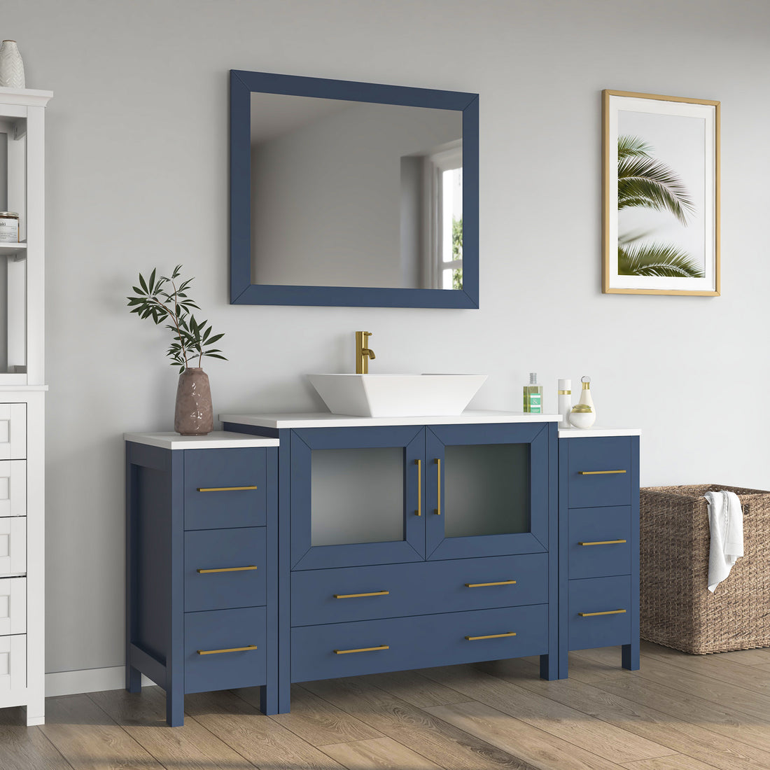 VanityArt 60-inch blue bathroom vanity front view with flanking side cabinets, vessel sink, and wall mirror