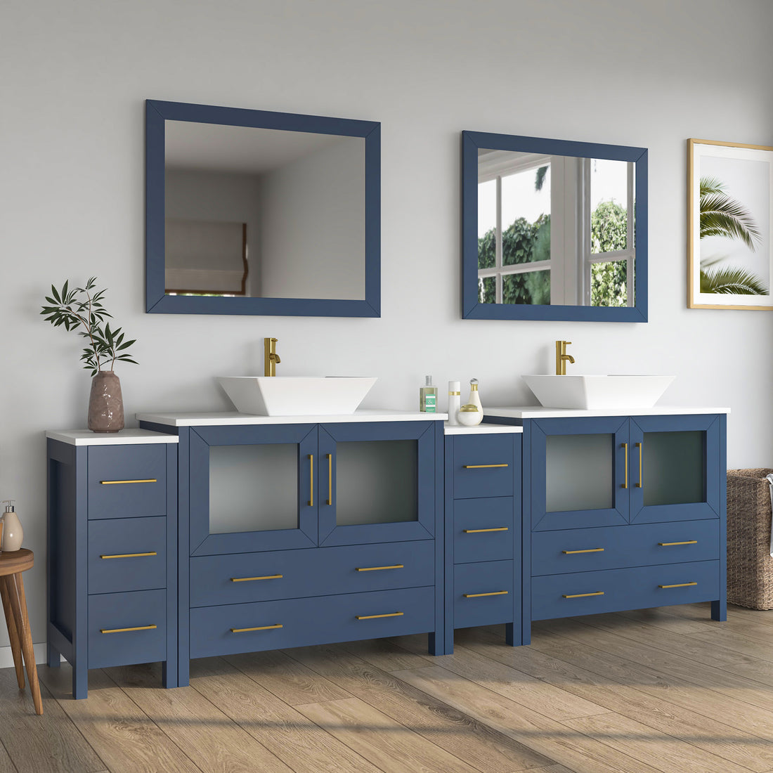 VanityArt 108-inch double sink blue bathroom vanity front view with two vessel sinks and two side tower cabinets