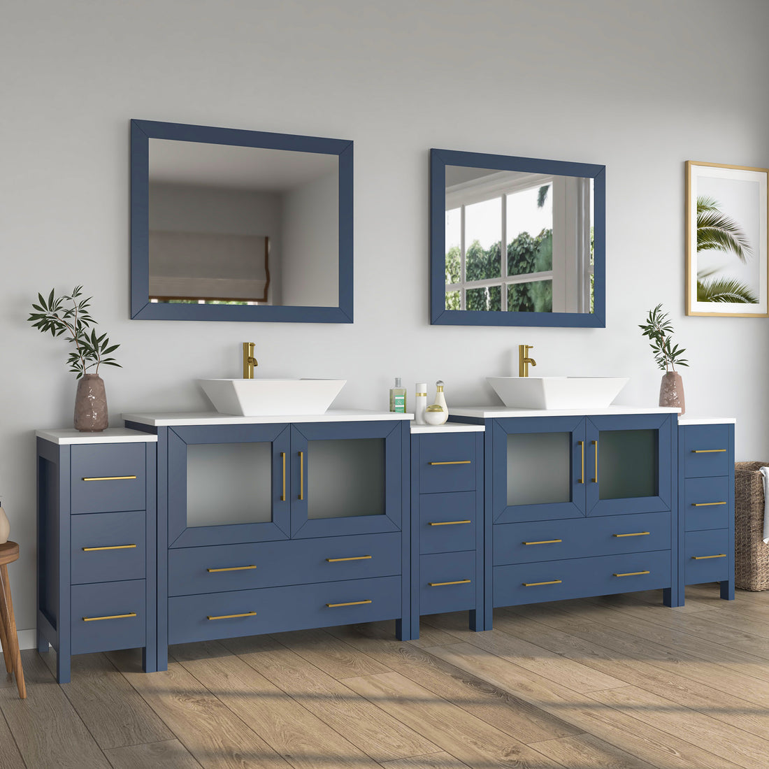 VanityArt 108-inch double sink blue bathroom vanity staged in spacious bathroom with two mirrors and vessel sinks