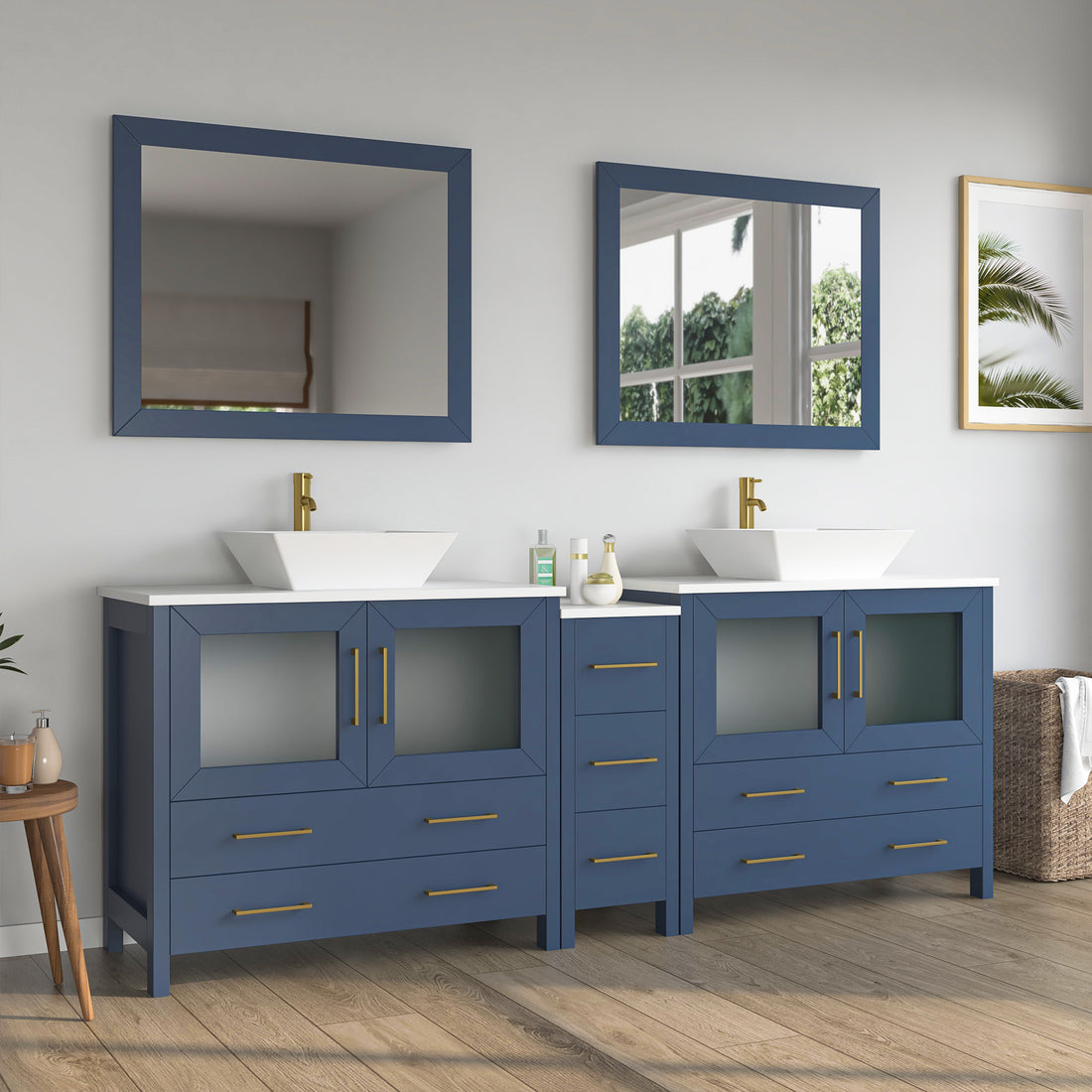 VanityArt 84-inch double sink blue bathroom vanity front view with center tower cabinet and two vessel sinks