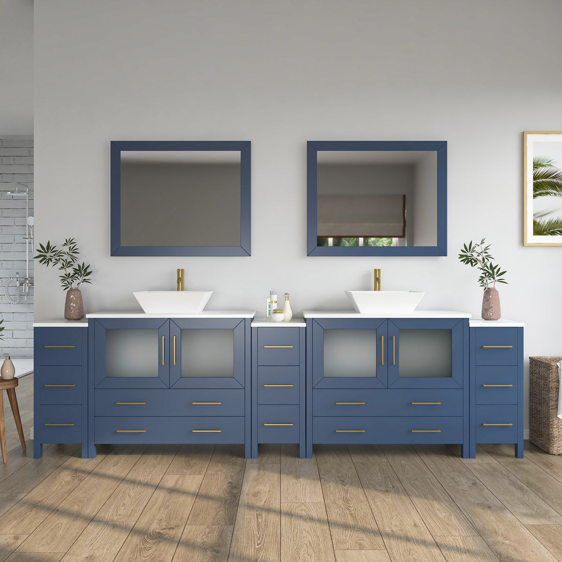 VanityArt 108-inch double sink blue bathroom vanity staged in spacious bathroom with two mirrors and vessel sinks