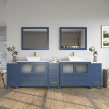 VanityArt 108-inch double sink blue bathroom vanity staged in spacious bathroom with two mirrors and vessel sinks