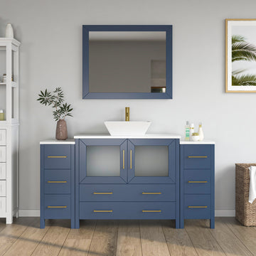 VanityArt 60-inch blue bathroom vanity front view with flanking side cabinets, vessel sink, and wall mirror