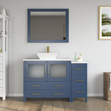 VanityArt 48-inch blue bathroom vanity front view with vessel sink, gold faucet, frosted glass doors, and side tower