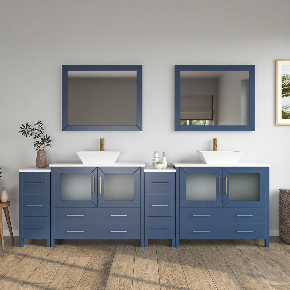 VanityArt 108-inch double sink blue bathroom vanity front view with two vessel sinks and two side tower cabinets