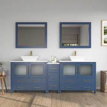 VanityArt 84-inch double sink blue bathroom vanity front view with center tower cabinet and two vessel sinks