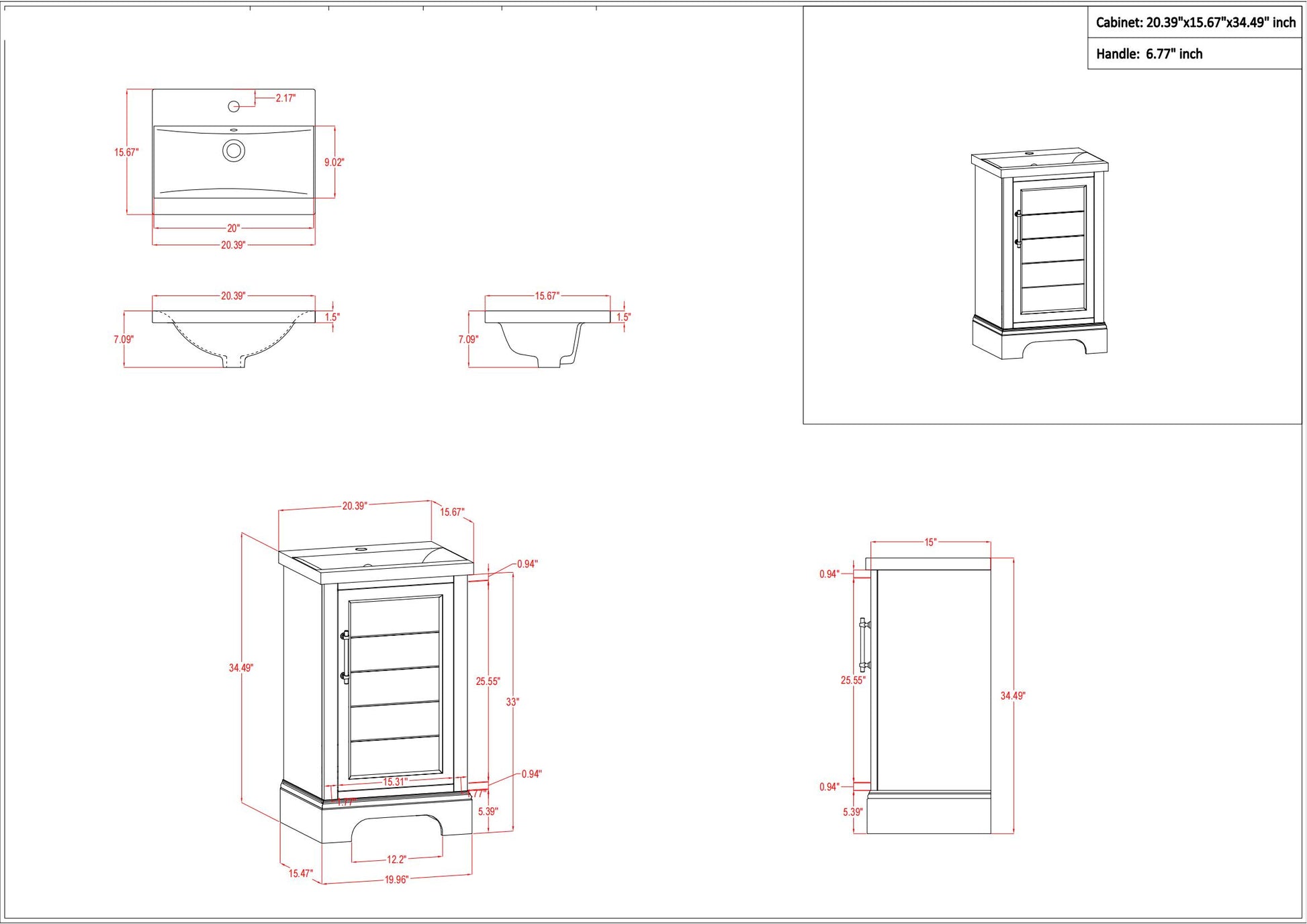 20x22x34.5’’ Single Sink Freestanding Bath Vanity with Stone Top
