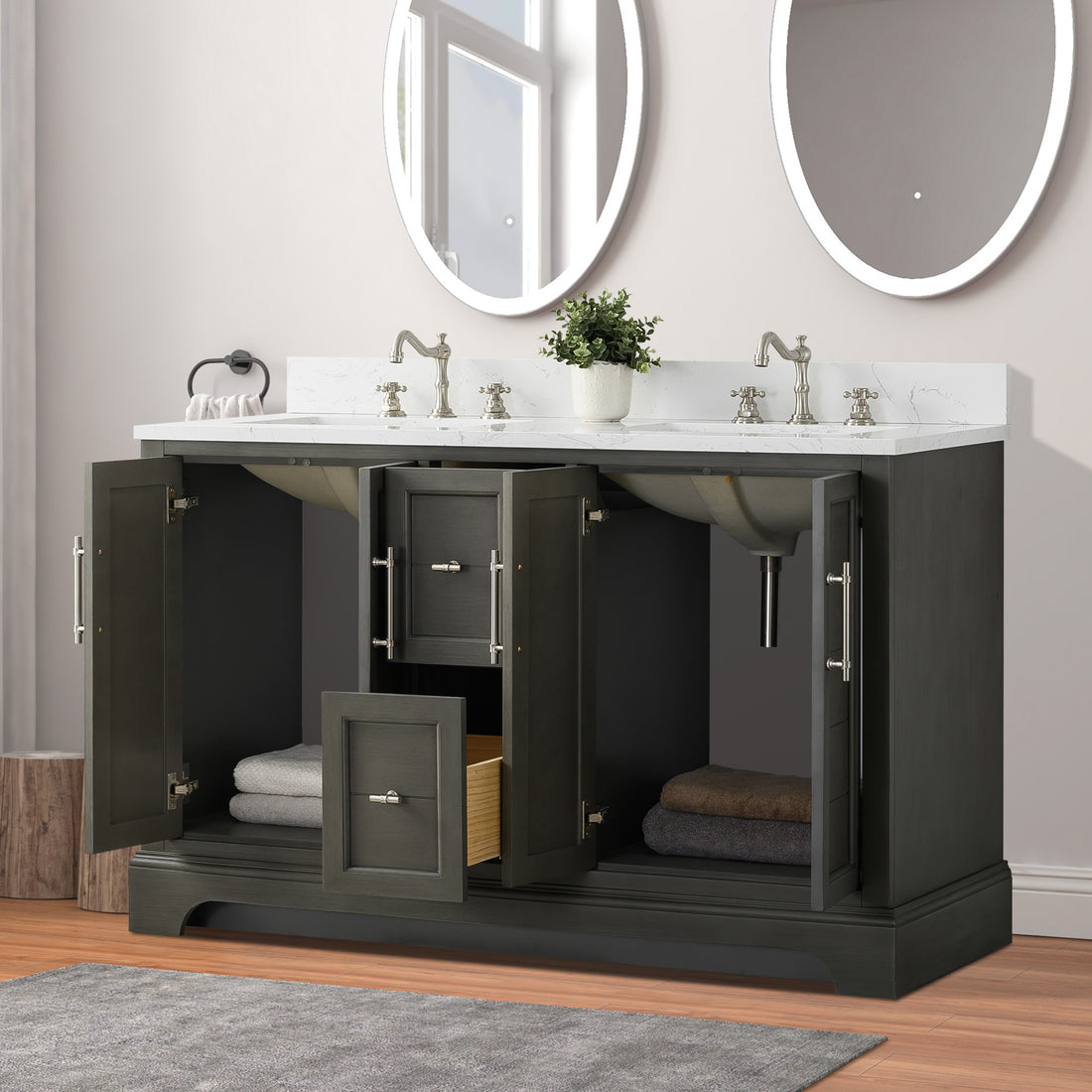 54x22x34.5’’ Double Sink Freestanding Bathroom Vanity with Stone Top
