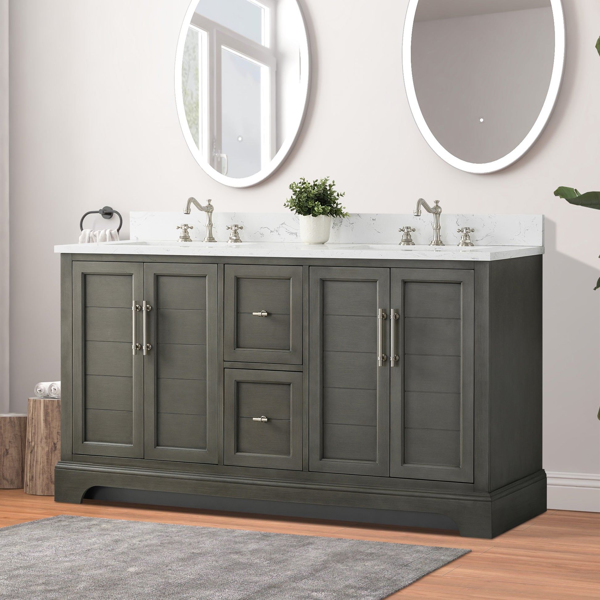 60x22x34.5’’ Double Sink Freestanding Bathroom Vanity with Stone Top