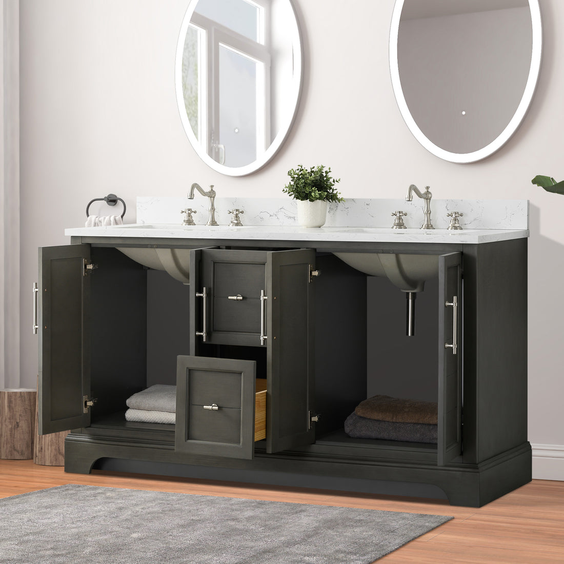 60x22x34.5’’ Double Sink Freestanding Bathroom Vanity with Stone Top