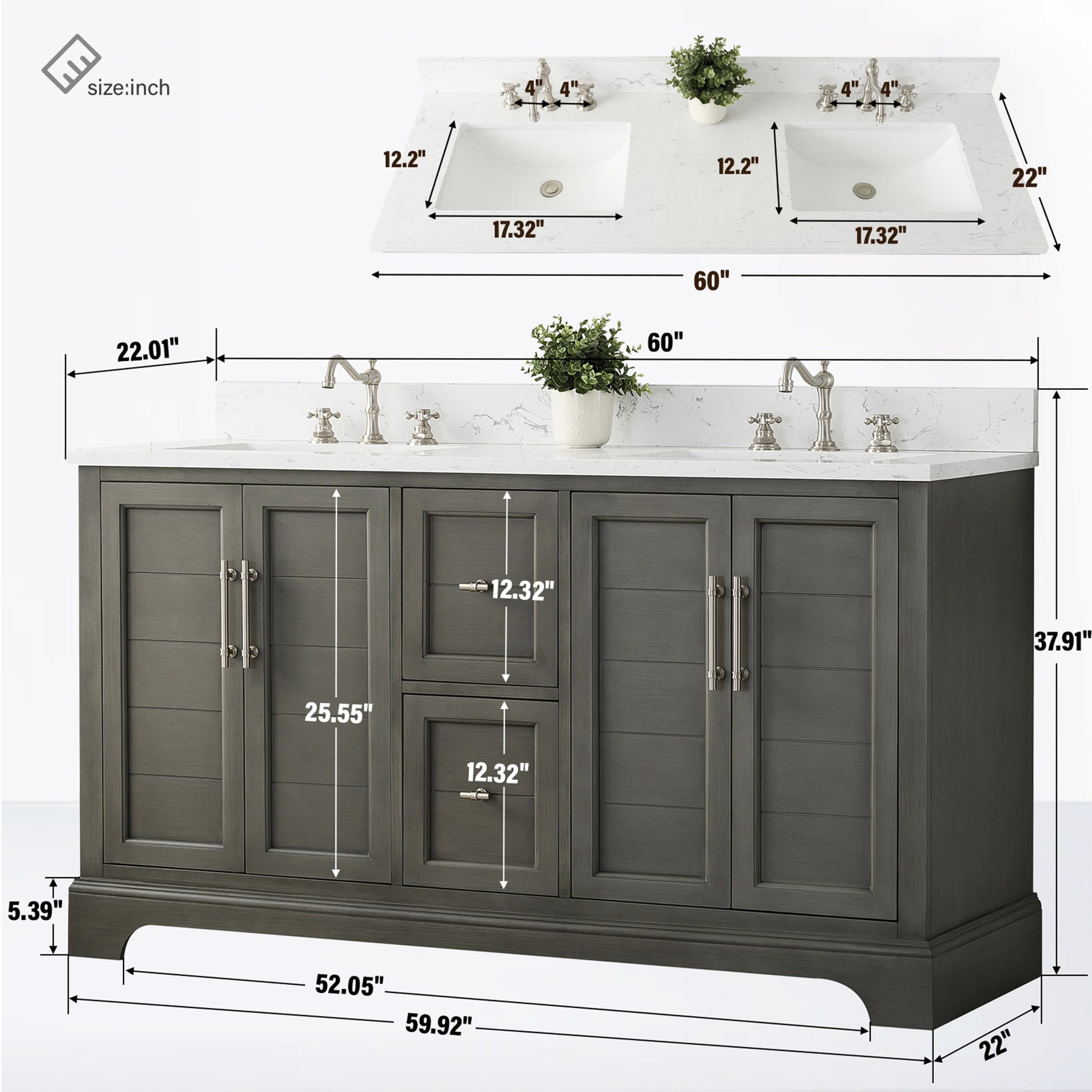60x22x34.5’’ Double Sink Freestanding Bathroom Vanity with Stone Top