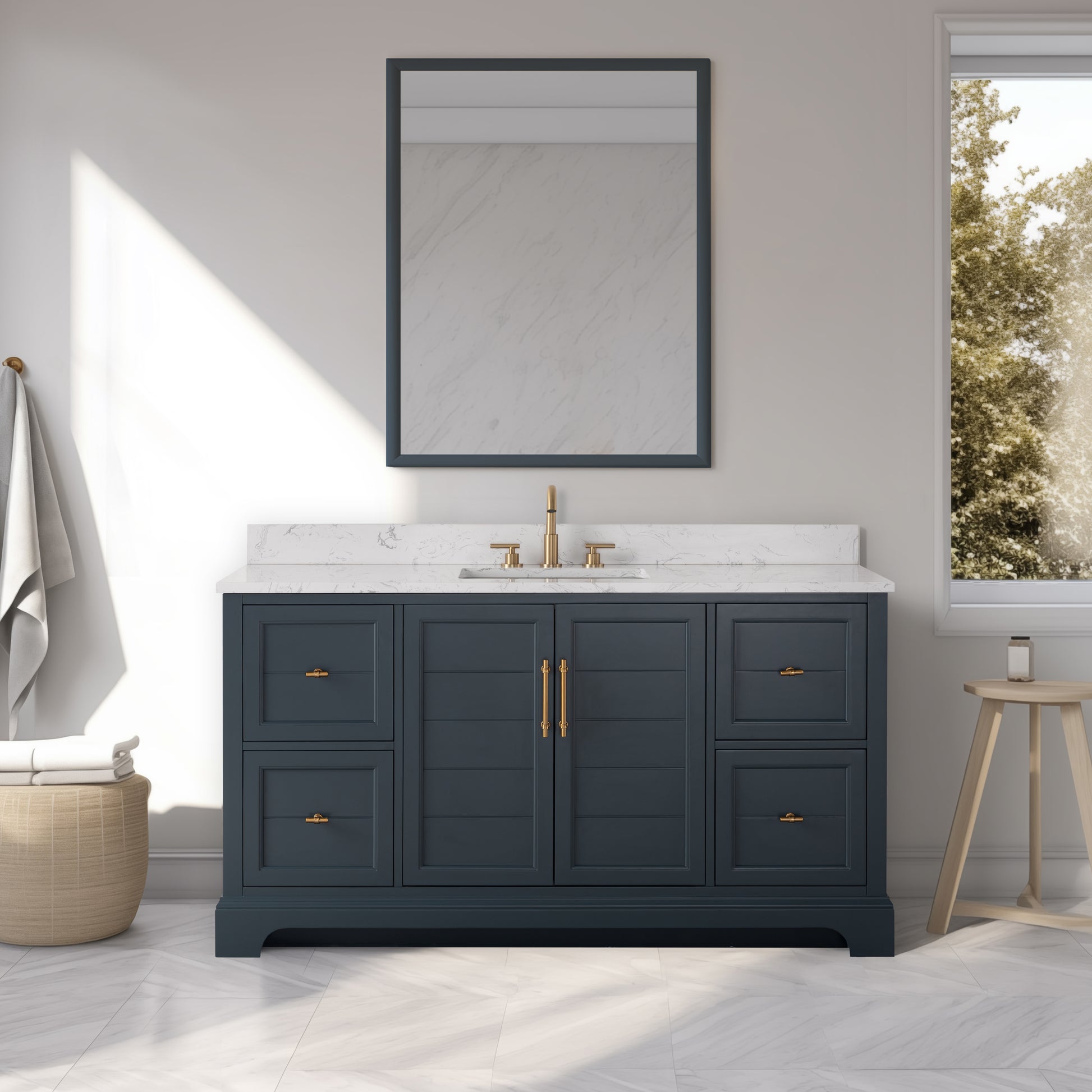 60x22x34.5″ Single Sink Freestanding Bathroom Vanity Set with Marble Top