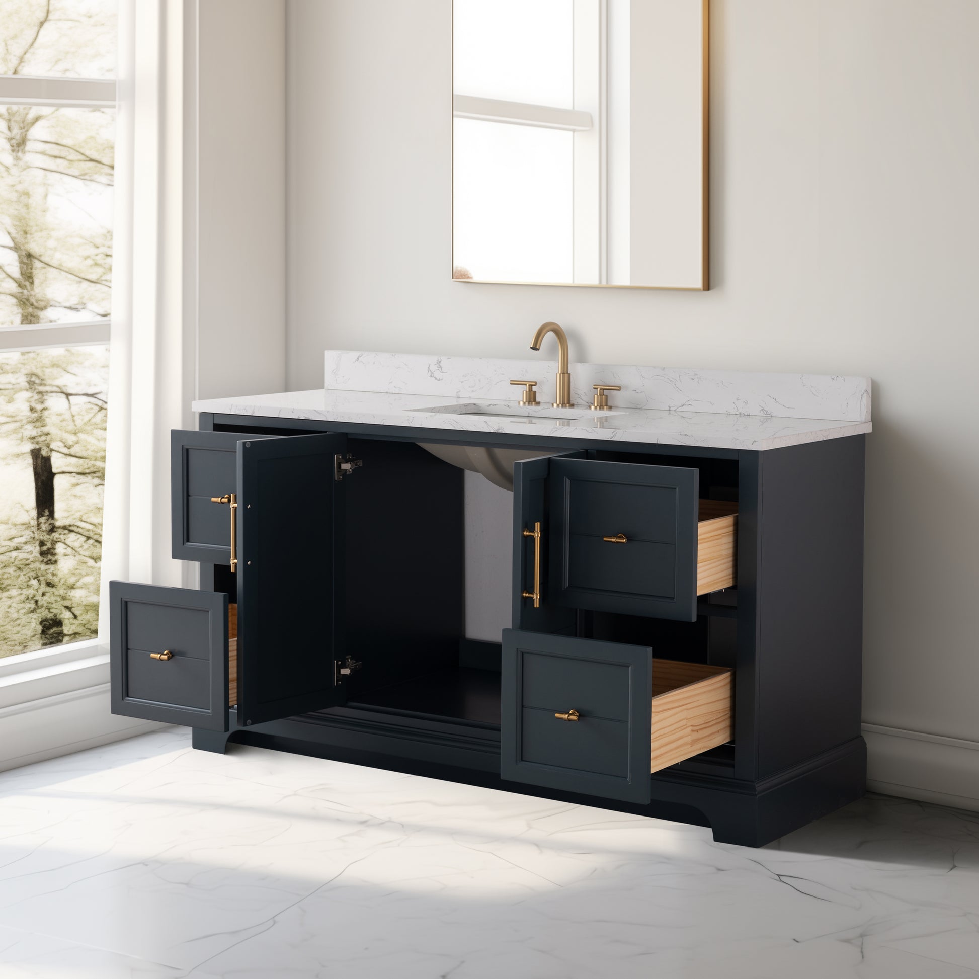 60x22x34.5″ Single Sink Freestanding Bathroom Vanity Set with Marble Top