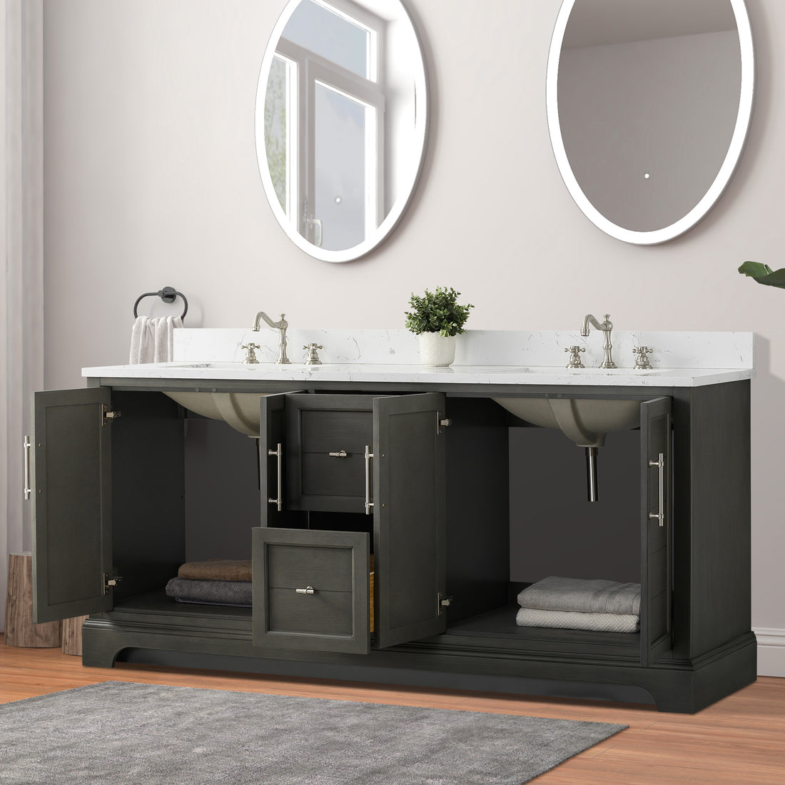 72x22x34.5’’ Double Sink Freestanding Bathroom Vanity with Stone Top