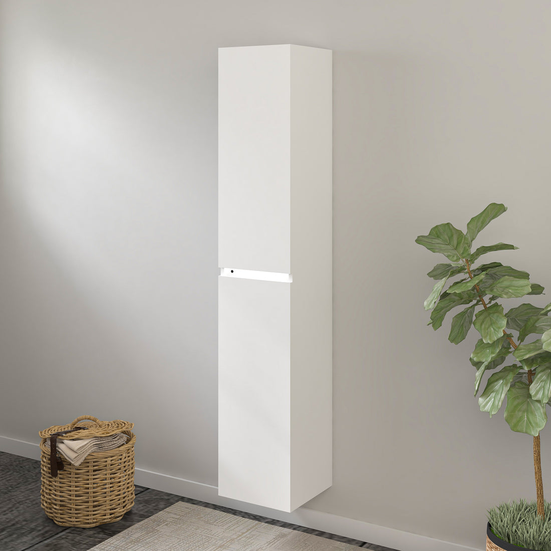 VanityArt white wall-hung linen tower 63 inch front view with LED accent light detail