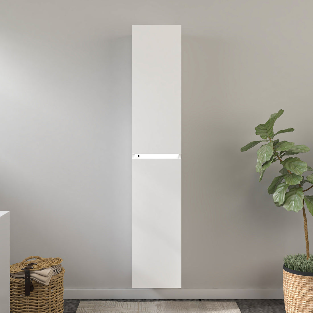 VanityArt white wall-hung linen tower 63 inch front view with LED accent light detail