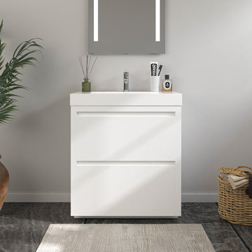 VanityArt 24-inch white gloss freestanding bathroom vanity front view with LED mirror and wicker laundry basket