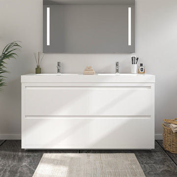 VanityArt 60-inch white double-sink freestanding bathroom vanity front view with LED mirror and two chrome faucets
