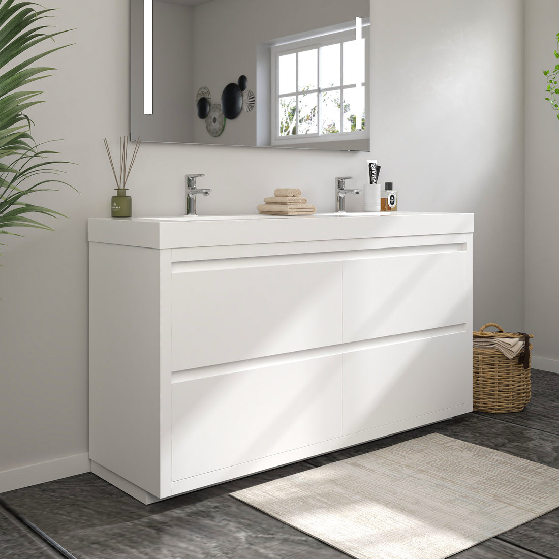 VanityArt 60-inch white double-sink freestanding bathroom vanity front view with LED mirror and two chrome faucets