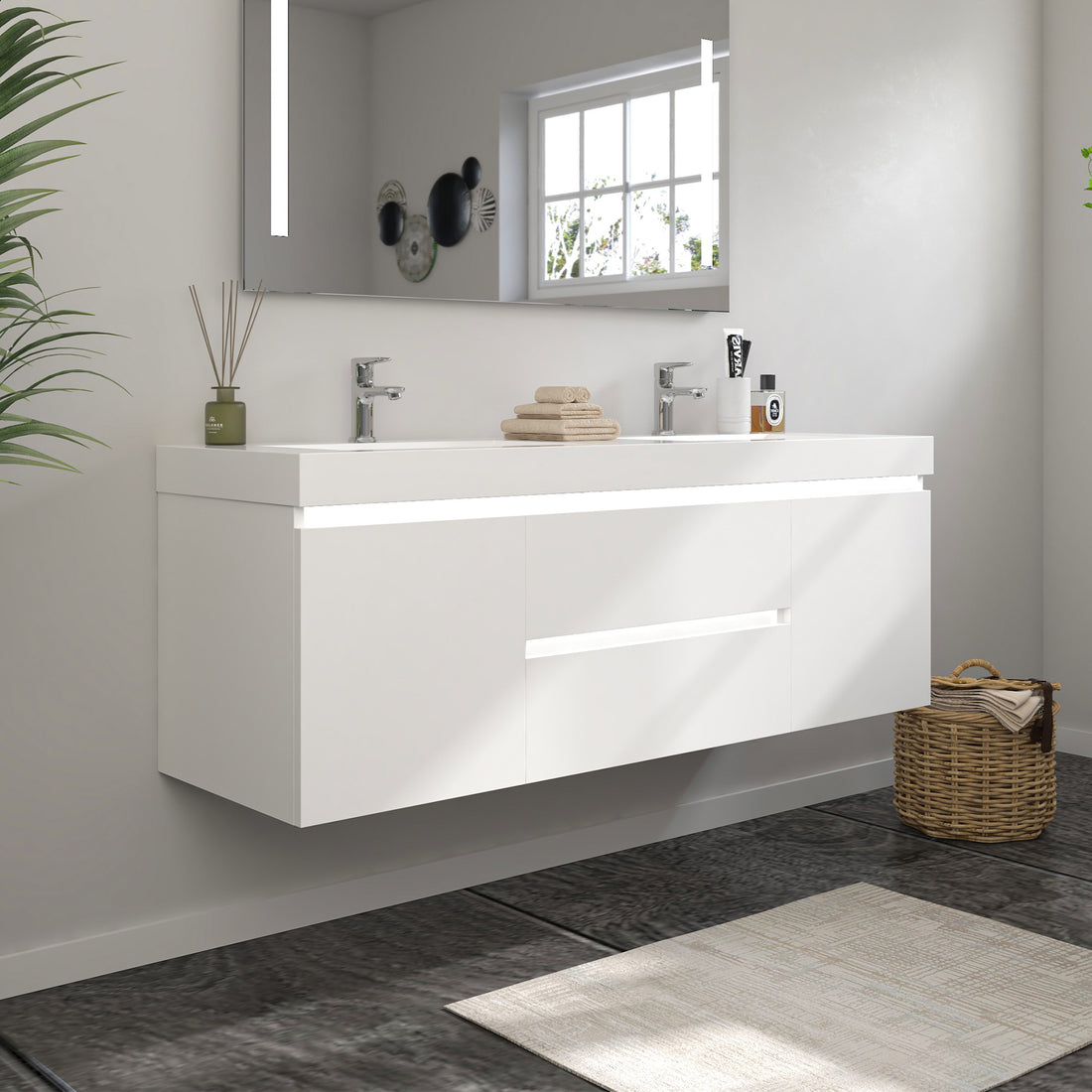 VanityArt 60-inch white wall-hung double sink bathroom vanity with LED mirror, front view