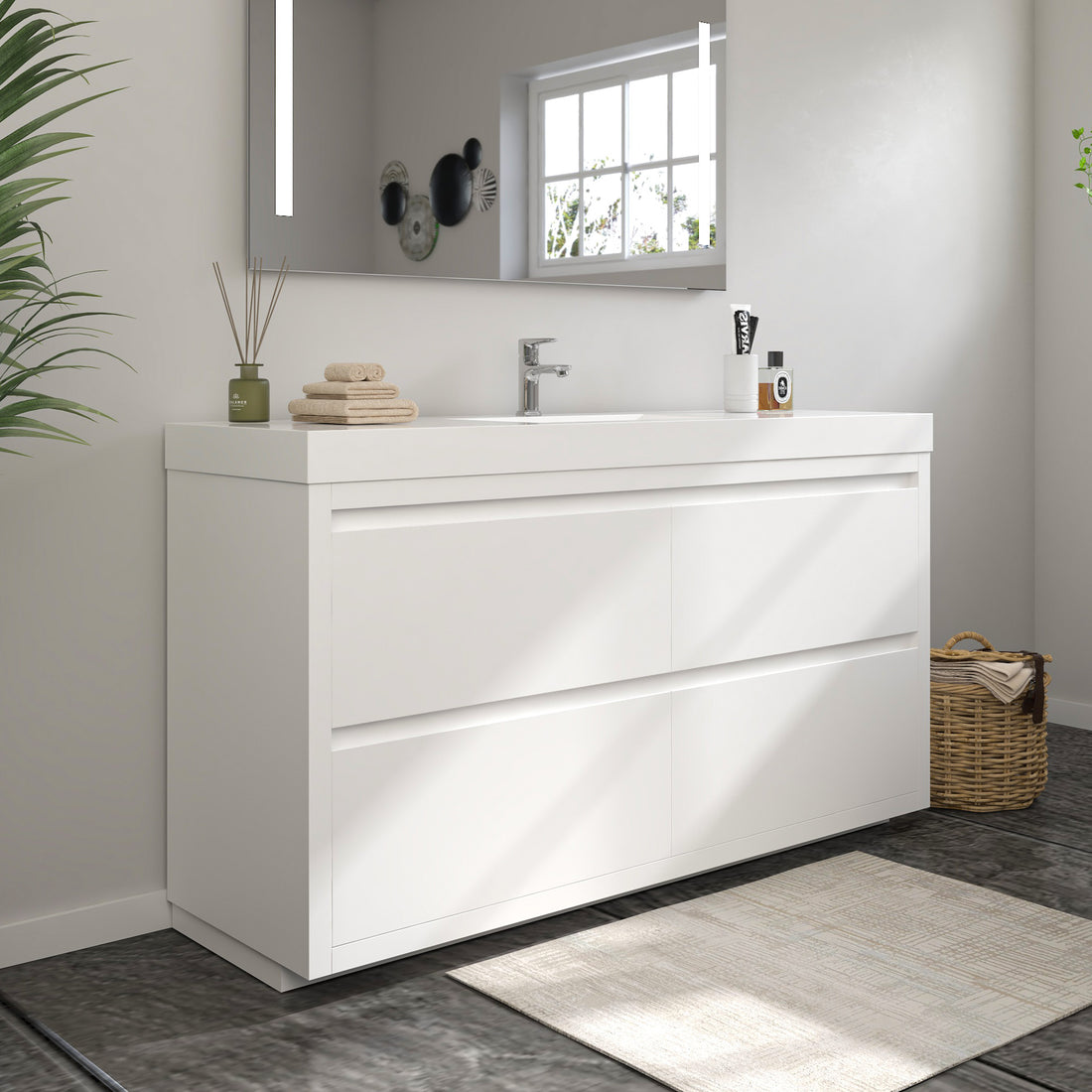 VanityArt 60-inch white single-sink freestanding bathroom vanity front view with LED mirror and chrome faucet